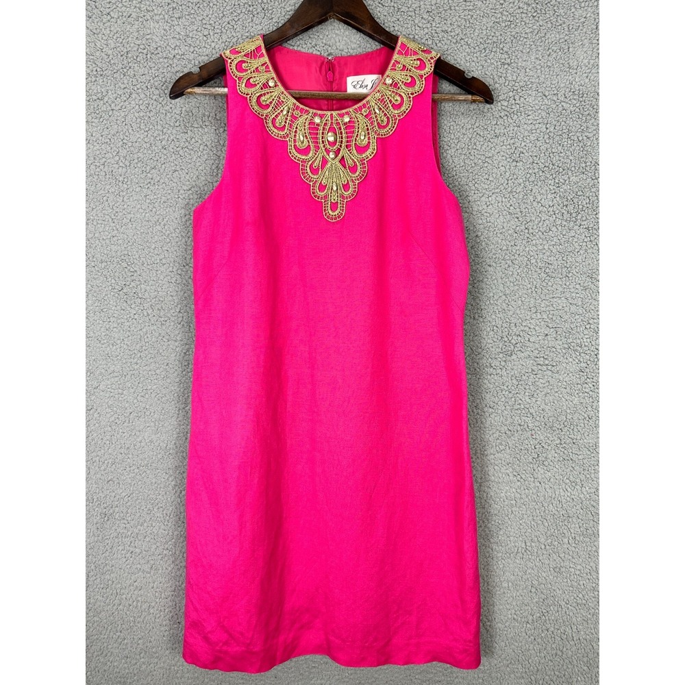 Eliza J Shift Dress Womens 4 Pink‎ Gold Embroidered Jewel Neck Linen Blend Mini